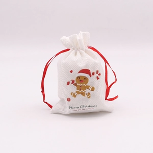 Lot de 8 sacs cadeaux de Noël en lin blanc avec motif bonhomme de pain d'épices