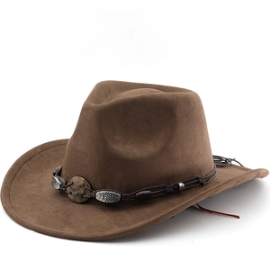 Retro Western Cowboyhut Wildlederoptik Geflochtenes Seil Holzperle Metallschnalle Boho Vintage Breite Krempe Fedora Unisex