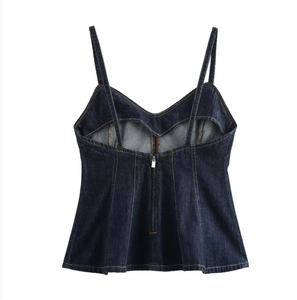 Kurzes dunkelblaues Denim-Camisole-Top mit Reißverschluss hinten und gewelltem Saum