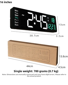 Detalle de reloj digital LED de 16 pulgadas con caja de embalaje y dimensiones del producto