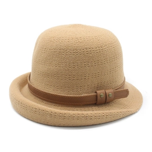 Vintage Bowler Hat For Women Knit Polyester Blend Rolled Brim Cloche Hat With Leather Band And Metal Rivets