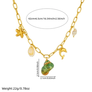 Gold stainless steel ocean necklace with seashell, starfish, and snail shell charms