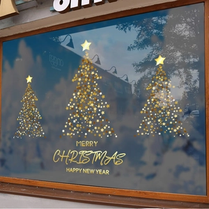 Gold glitter star Christmas tree window decals with Merry Christmas text for glass decor