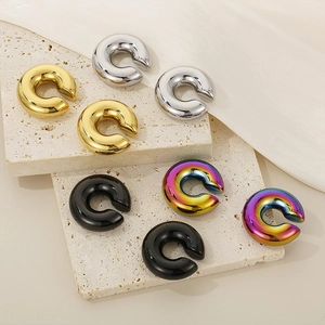 Minimalist stainless steel C-shaped ear cuffs in gold, silver, black and iridescent colors