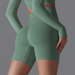 Detail of Morandi green seamless high-waist yoga shorts and top showing knit texture
