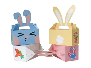 Detail of blue and yellow Easter bunny gift boxes with 3D rabbit ear handles