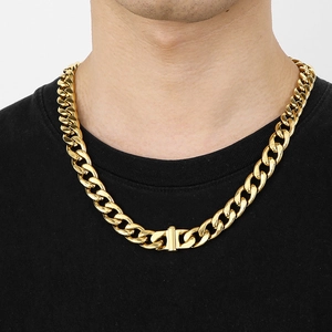 13mm gold plated stainless steel Cuban link chain necklace worn by male model