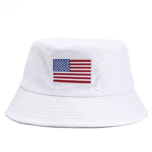 White cotton bucket hat with American flag embroidery patch on front for men and women