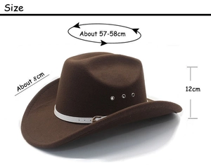 Size guide for brown felt cowboy hat with dimensions: 57-58cm circumference and 8cm brim