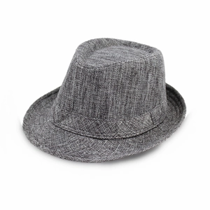 Classic grey linen fedora hat with woven ribbon band for sun protection in summer