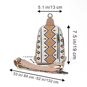 Ethnic pattern canvas crossbody bag with dimensions 13x19x4 cm and adjustable strap