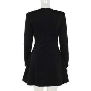 Close-up back view of a slim black long sleeve V-neck dress featuring a hidden zipper