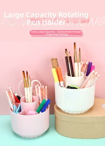 Close-up of rotating desk organizer with compartments for pens and makeup brushes