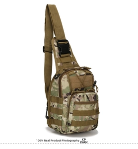 Detail of CP camo tactical chest bag showing durable fabric and Molle system webbing