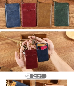 Detail of vintage leather card holder featuring retro metal clasp and stitching quality