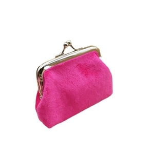 Rose red plush coin purse with a vintage silver kiss-lock metal frame on white background