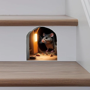 Sticker mural 3D trou de souris réaliste avec éclairage chaleureux sur escalier