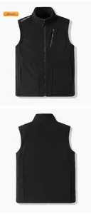 Detail of black fleece vest featuring zipper pockets and white outdoor sport print