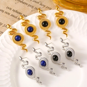 Orecchini a Bottone a Forma di Serpente in Acciaio Inossidabile Vintage Con Agata Pietra Naturale Intarsiata Gioielli Minimalisti per Donna