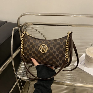 Vintage Monogram Shoulder Bag PU Leather Letter Print Underarm Crossbody Purse With Metal Logo And Chain For Women