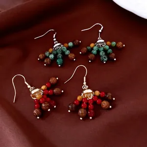 Boucles D'oreilles Pendantes Ethniques Bohèmes Avec Tige En Argent Sterling 925 Perles En Bois Pierre Verre Forme D'éventail Vintage