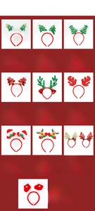 Close-up of assorted Christmas headbands featuring reindeer antlers and holiday themed icons