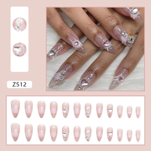 Pink gradient almond press-on nails with silver hearts and rhinestones, 24pcs set