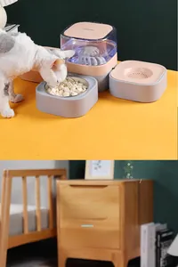 Close-up of dual-bowl pet feeder with automatic water dispenser and stainless steel bowl