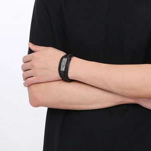 Men's multi-layer black braided leather bracelet with magnetic nautical compass clasp
