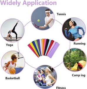 Collage of colorful elastic sports headbands for yoga, running, and fitness activities
