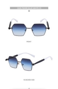 Front and 45-degree side view of geometric polygon sunglasses with gunmetal frames