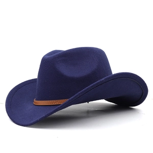 Classic dark blue felt cowboy hat for men and women with a brown leather decorative band