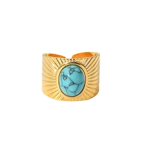 Vintage 18K gold plated stainless steel ring with turquoise stone and sunburst patterns