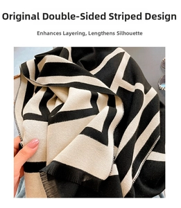 Detailed view of black and white geometric striped scarf with fringe trim edges