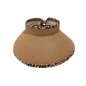 Detail of a foldable woven paper straw sun hat with stylish leopard print fabric trim