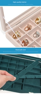 Detail of premium velvet lining with ring slots and flexible dividers in jewelry box