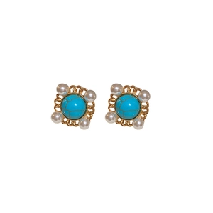 Vintage retro round blue stone earrings with imitation pearls and gold metal base