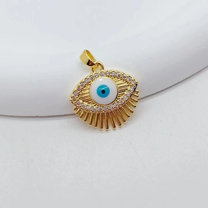 Golden Evil Eye pendant with white zircon and enamel details on white background