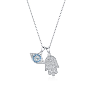 Sparkling S925 silver necklace featuring Evil Eye and Hand of Fatima crystal pendants