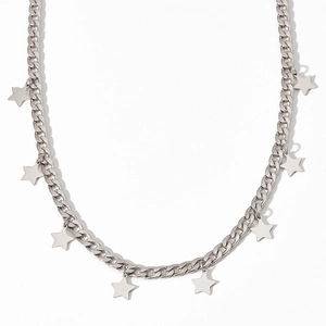 Minimalist silver star tassel necklace with thick link chain on white background