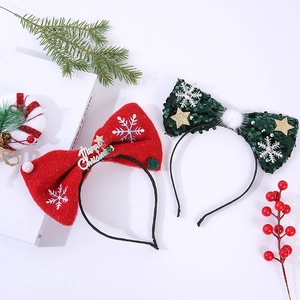 Christmas sequin bow headbands with Merry Christmas text and festive snowflake decor