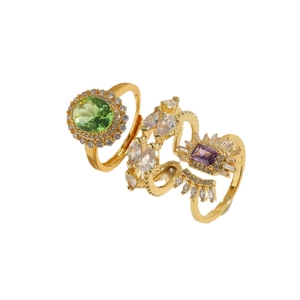 Set of three 14K gold plated rings with green, clear and purple zircon geometric stones