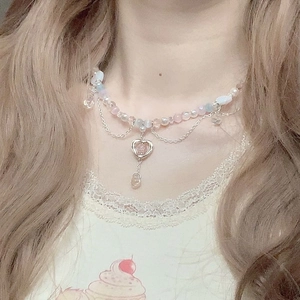 Double-layer beaded necklace with heart pendant and pink zircon in soft pastel colors