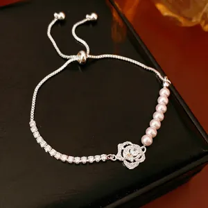 Zircon Artificial Pearl Flower Charm Bracelet Adjustable Slider Chain Elegant French Style Jewelry For Women