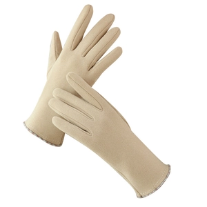 Women's winter thermal beige gloves with windproof plush lining and stylish plaid cuffs