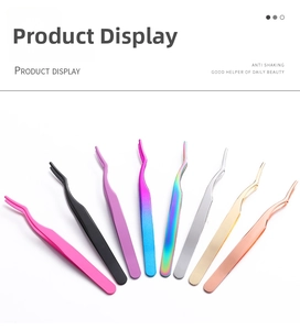Detailed set of seven stainless steel eyelash tweezers in various colors for beauty salon use