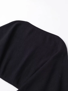 Close-up of fine knit texture and neat stitching on black puff sleeve knitwear