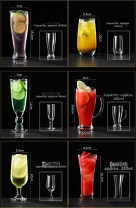 Size chart for glass cocktail cups showing dimensions and volumes for six diverse designs