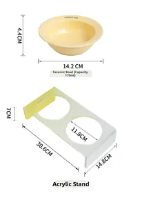 Detailed size chart for ceramic pet bowl with clear acrylic stand and dimensions