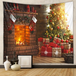 Detail of bohemian Christmas tapestry featuring fireplace and tree for wall decor